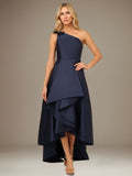 Royal Blue A Line Stretch Crepe One Shoulder Sleeveless  Asymmetrical Length Dress