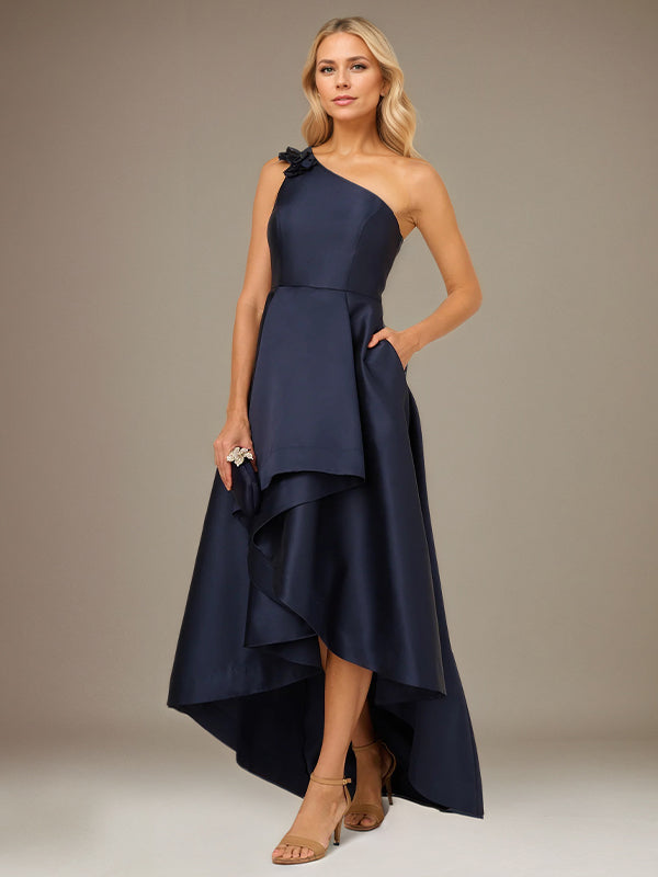 Royal Blue A Line Stretch Crepe One Shoulder Sleeveless  Asymmetrical Length Dress