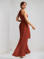 Rust Chiffon A Line Halter Neck Sleeveless Floor Length Bridesmaid Dress