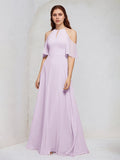 Lilac A Line Chiffon Halter Neck Short Sleeves Floor Length Bridesmaid Dresses