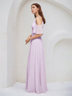 Lilac A Line Chiffon Halter Neck Short Sleeves Floor Length Bridesmaid Dresses
