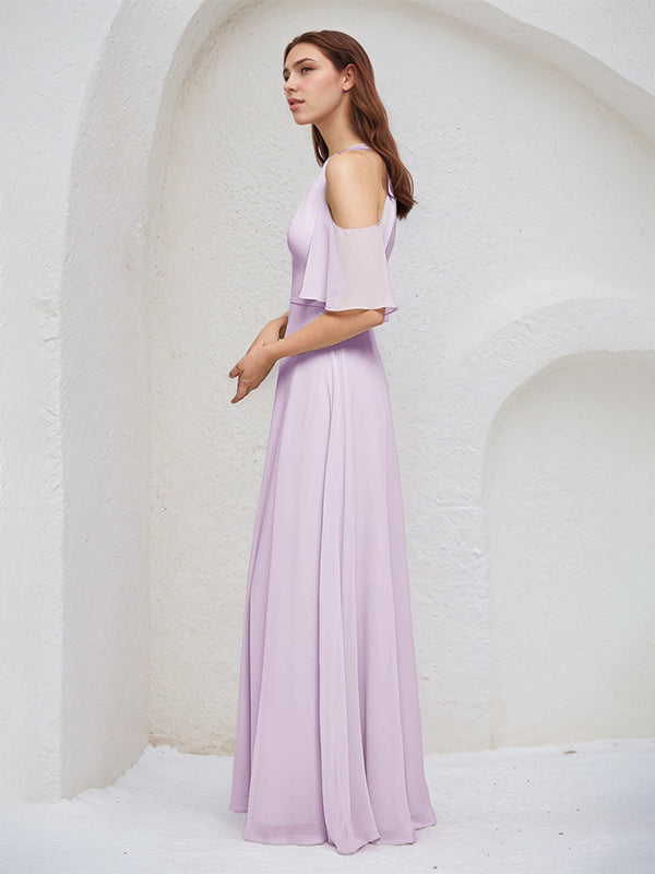 Lilac A Line Chiffon Halter Neck Short Sleeves Floor Length Bridesmaid Dresses