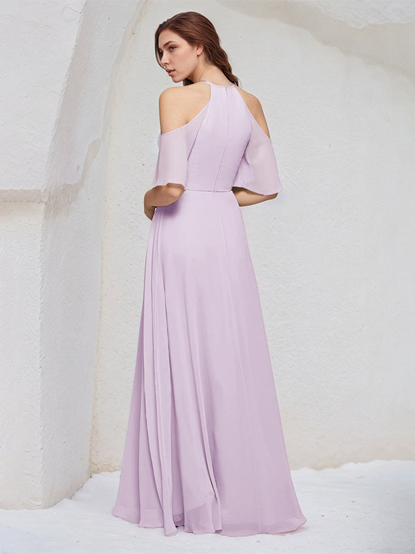 Lilac A Line Chiffon Halter Neck Short Sleeves Floor Length Bridesmaid Dresses