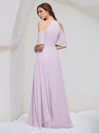 Lilac A Line Chiffon Halter Neck Short Sleeves Floor Length Bridesmaid Dresses