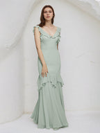 Vestidos largos de dama de honor tipo tubo/columna de gasa color salvia con escote en V y sin mangas