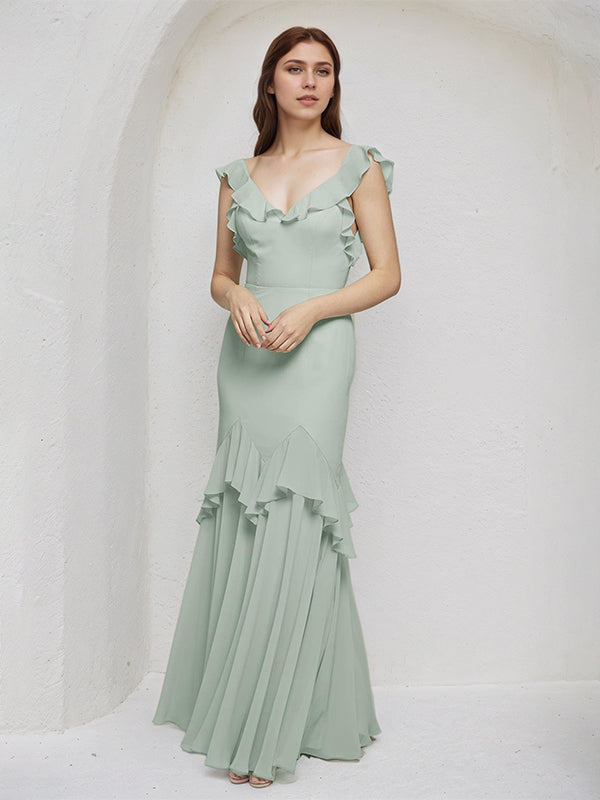Vestidos largos de dama de honor tipo tubo/columna de gasa color salvia con escote en V y sin mangas