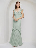 Vestidos largos de dama de honor tipo tubo/columna de gasa color salvia con escote en V y sin mangas