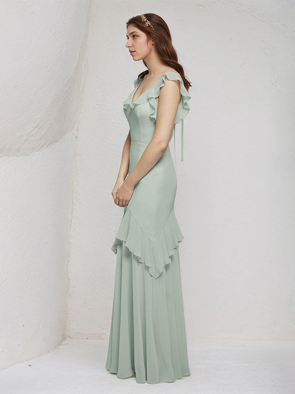 Vestidos largos de dama de honor tipo tubo/columna de gasa color salvia con escote en V y sin mangas