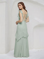 Vestidos largos de dama de honor tipo tubo/columna de gasa color salvia con escote en V y sin mangas
