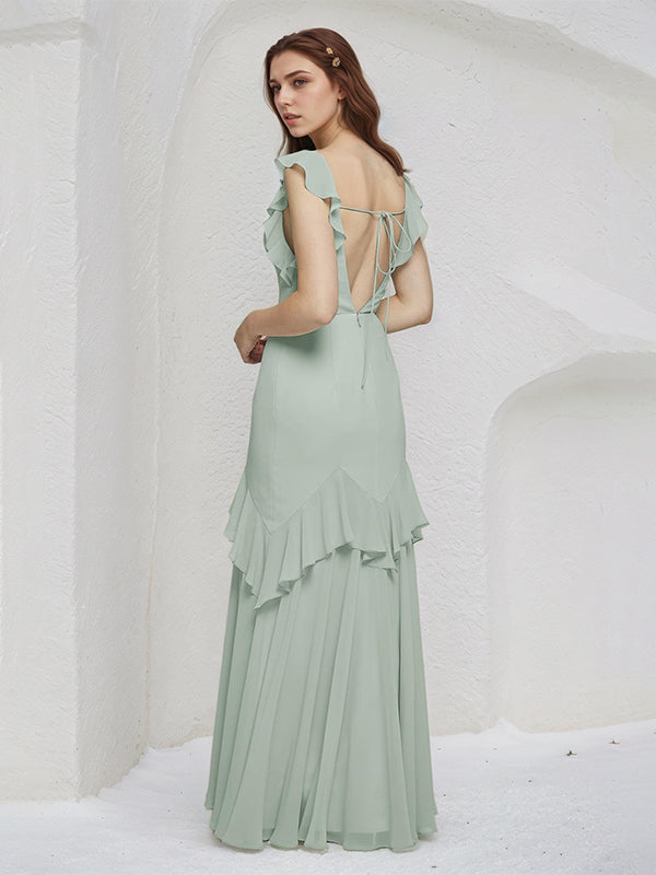 Vestidos largos de dama de honor tipo tubo/columna de gasa color salvia con escote en V y sin mangas