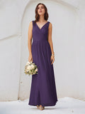 Regency A Line Chiffon V Neck Sleeveless Floor Length Bridesmaid Dresses