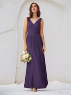 Regency A Line Chiffon V Neck Sleeveless Floor Length Bridesmaid Dresses