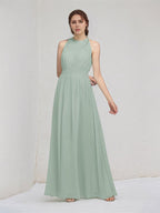 Sage A Line Chiffon Halter Neck Sleeveless Floor Length Bridesmaid Dresses