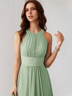 Agave Chiffon A Line Halter Neck Sleeveless Floor Length Bridesmaid Dress