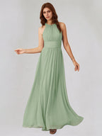 Agave Chiffon A Line Halter Neck Sleeveless Floor Length Bridesmaid Dress