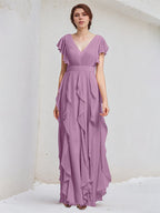 Orchid Chiffon A Line V Neck Short Sleeves Floor Length Bridesmaid Dress
