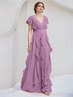 Orchid Chiffon A Line V Neck Short Sleeves Floor Length Bridesmaid Dress