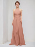 Rose Pink A Line Chiffon Halter Neck Sleeveless Floor Length Bridesmaid Dresses