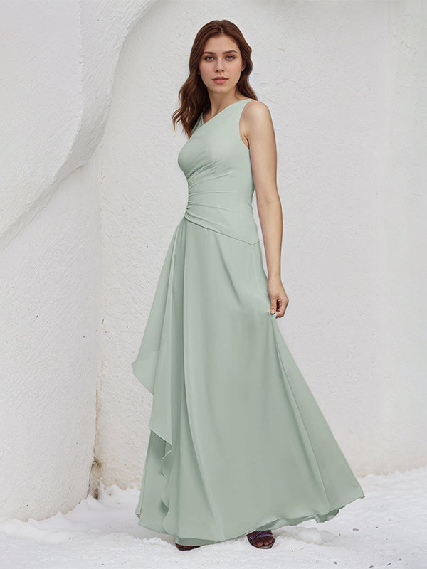 Vestido de madrinha sálvia em chiffon, linha A, um ombro só, sem mangas e comprimento até o chão