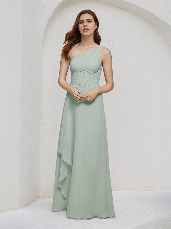 Vestido de madrinha sálvia em chiffon, linha A, um ombro só, sem mangas e comprimento até o chão