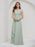 Vestido de madrinha sálvia em chiffon, linha A, um ombro só, sem mangas e comprimento até o chão