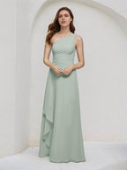 Vestido de madrinha sálvia em chiffon, linha A, um ombro só, sem mangas e comprimento até o chão