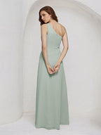 Vestido de madrinha sálvia em chiffon, linha A, um ombro só, sem mangas e comprimento até o chão