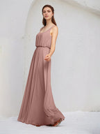 Dusty Rose A Line Chiffon Square Neck Sleeveless Floor Length Bridesmaid Dresses