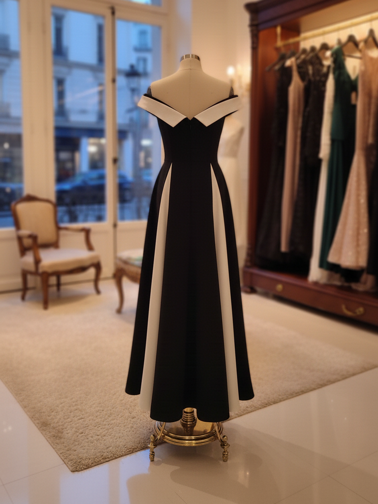 A Line Elegant Black&White Chiffon Off the Shoulder Sleeveless Floor Length Dress