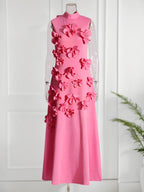 A Line High Neck Sleeveless Floor Length Stretch Crepe Dress With 3D Flowers