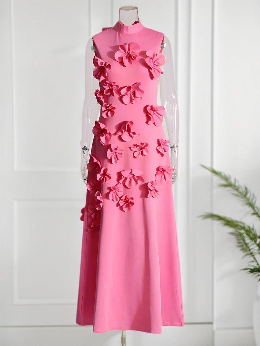 A Line High Neck Sleeveless Floor Length Stretch Crepe Dress With 3D Flowers