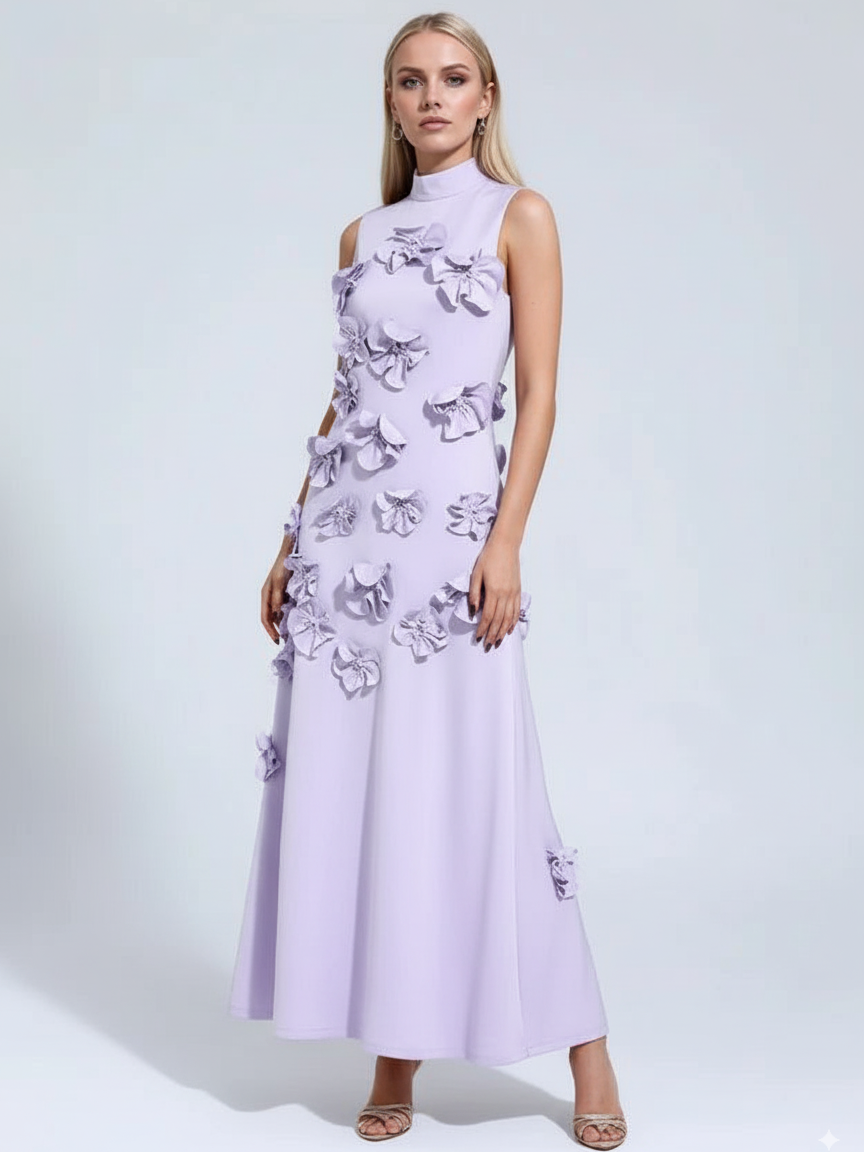 A Line High Neck Sleeveless Floor Length Stretch Crepe Dress With 3D Flowers