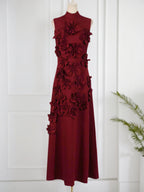 A Line High Neck Sleeveless Floor Length Stretch Crepe Dress With 3D Flowers