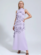 A Line High Neck Sleeveless Floor Length Stretch Crepe Dress With 3D Flowers