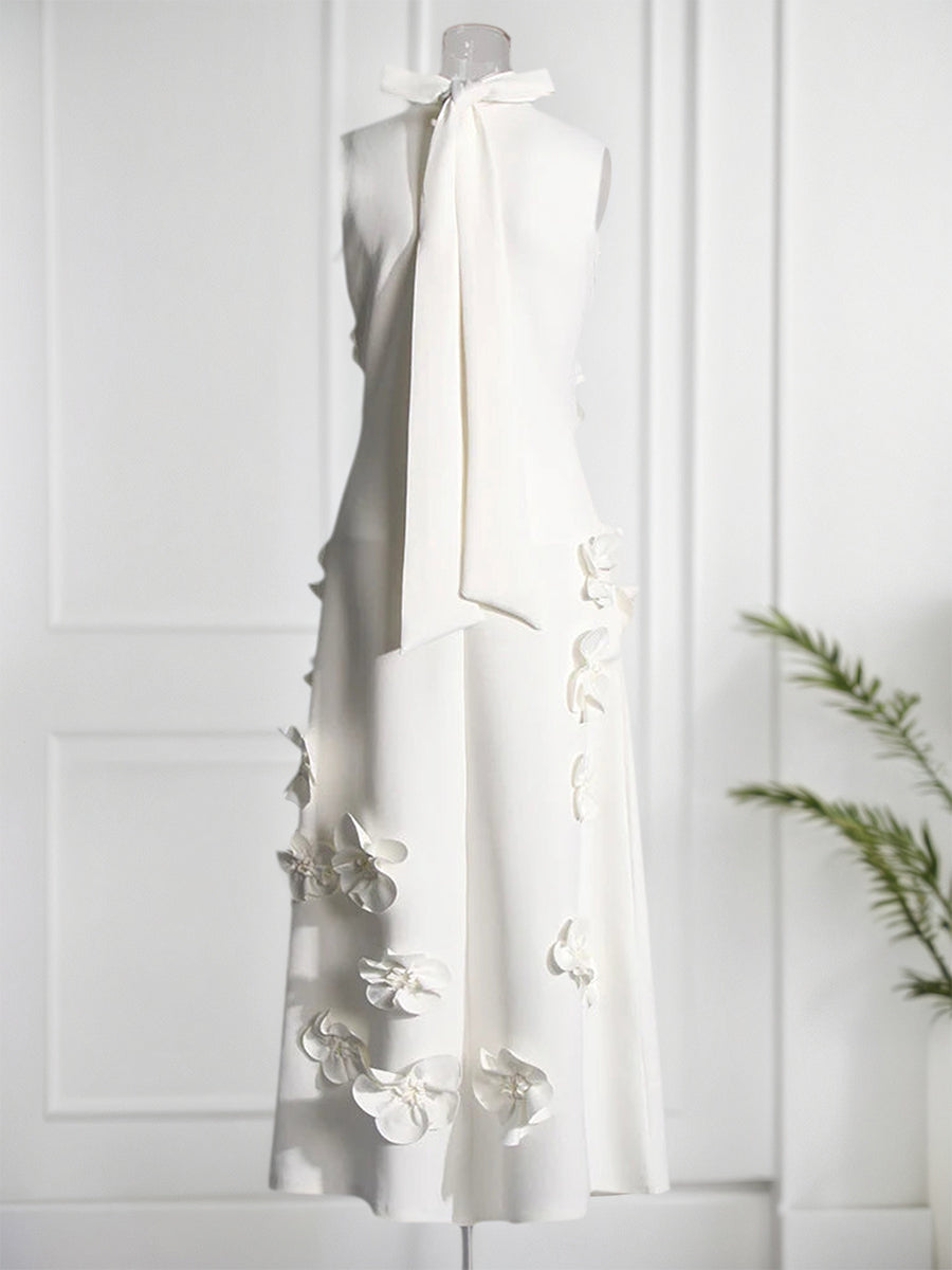 A Line High Neck Sleeveless Floor Length Stretch Crepe Dress With 3D Flowers