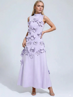 A Line High Neck Sleeveless Floor Length Stretch Crepe Dress With 3D Flowers