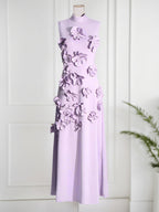 A Line High Neck Sleeveless Floor Length Stretch Crepe Dress With 3D Flowers