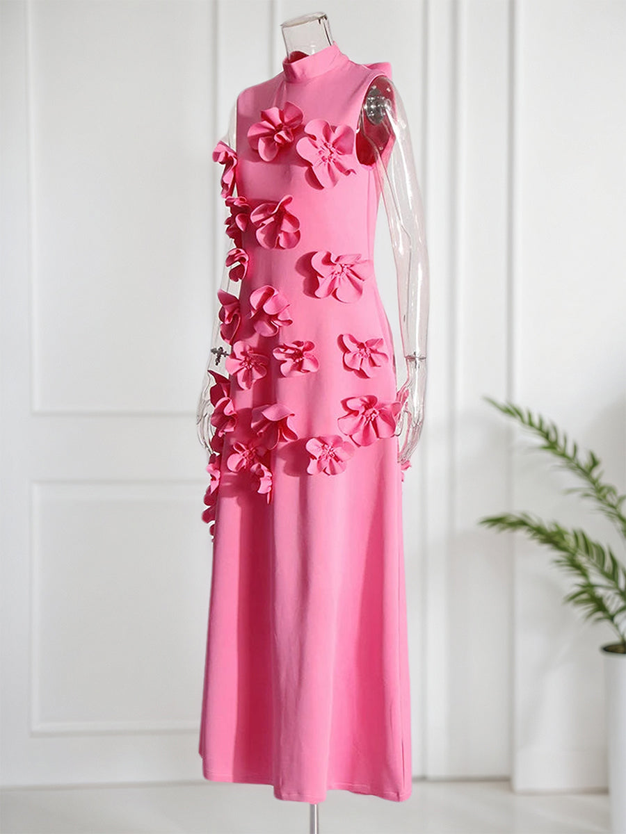 A Line High Neck Sleeveless Floor Length Stretch Crepe Dress With 3D Flowers