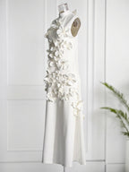 A Line High Neck Sleeveless Floor Length Stretch Crepe Dress With 3D Flowers