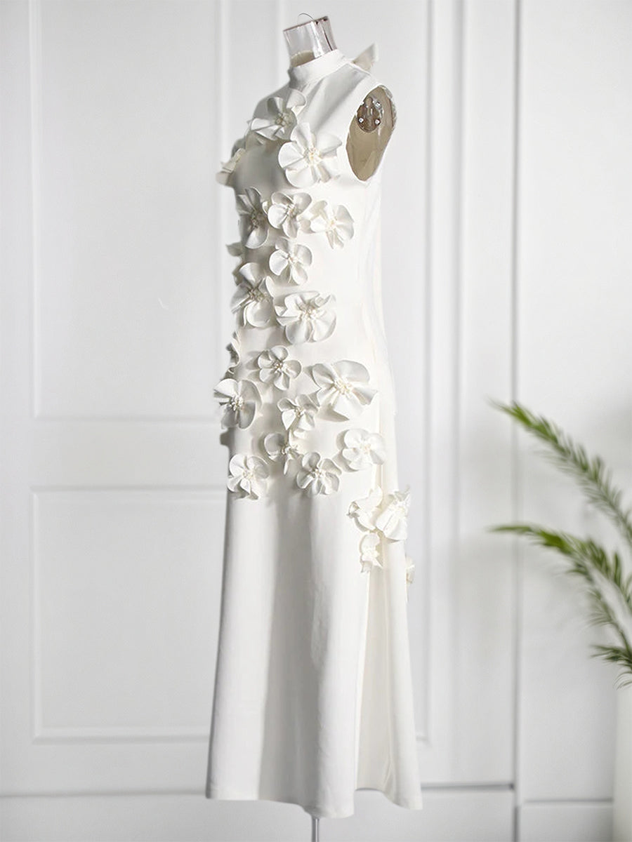 A Line High Neck Sleeveless Floor Length Stretch Crepe Dress With 3D Flowers