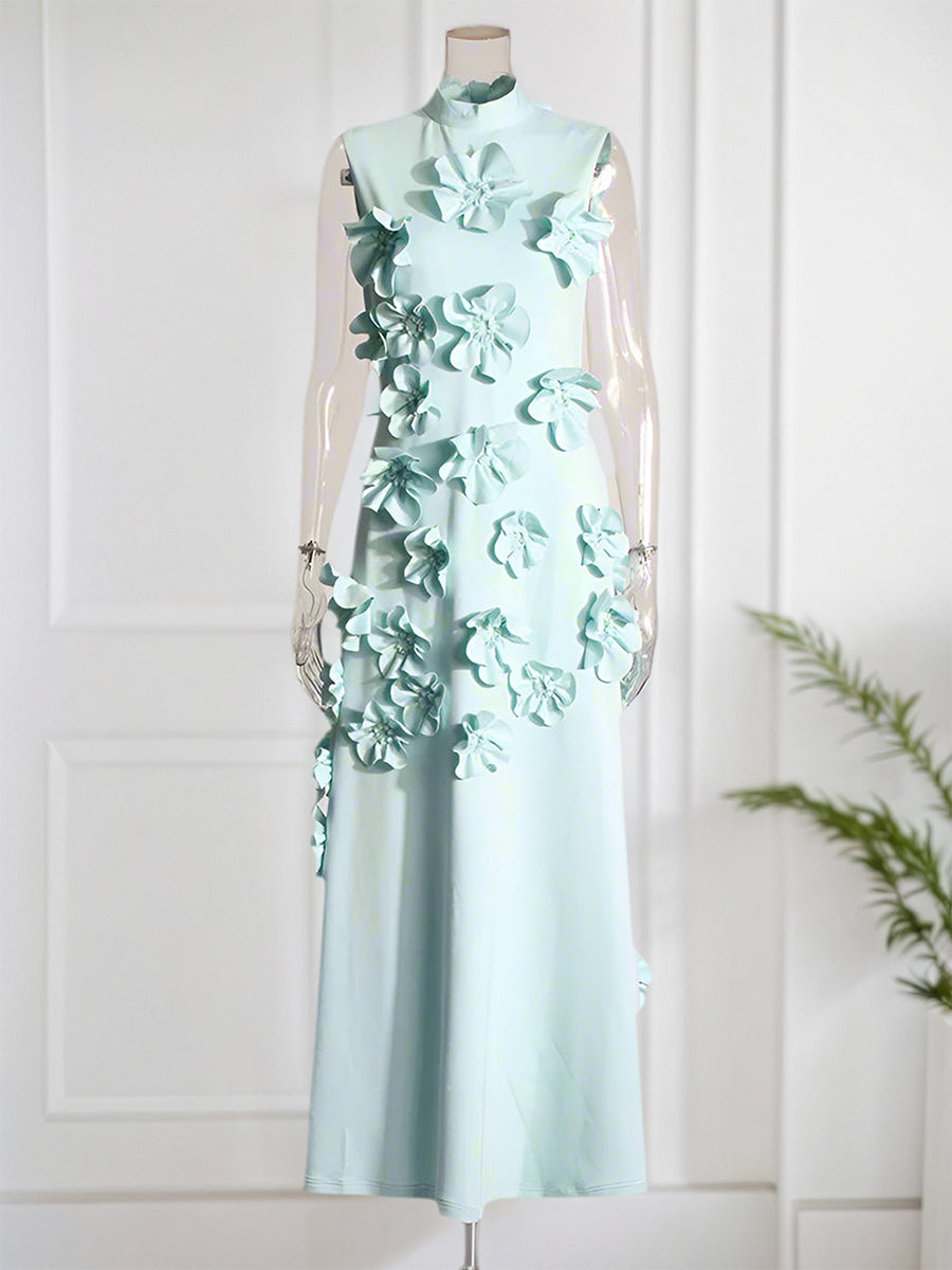 A Line High Neck Sleeveless Floor Length Stretch Crepe Dress With 3D Flowers