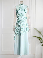 A Line High Neck Sleeveless Floor Length Stretch Crepe Dress With 3D Flowers