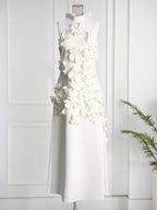 A Line High Neck Sleeveless Floor Length Stretch Crepe Dress With 3D Flowers