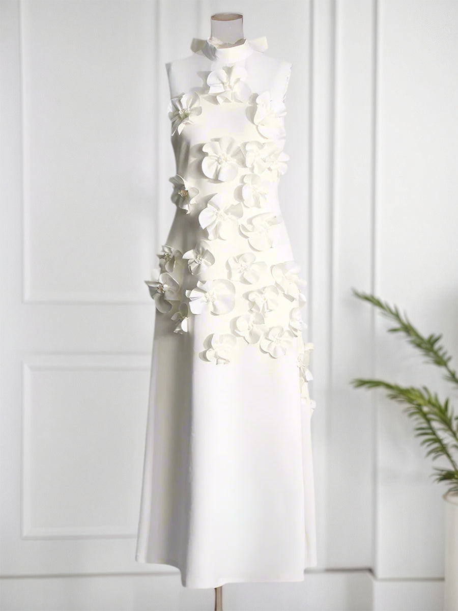 A Line High Neck Sleeveless Floor Length Stretch Crepe Dress With 3D Flowers