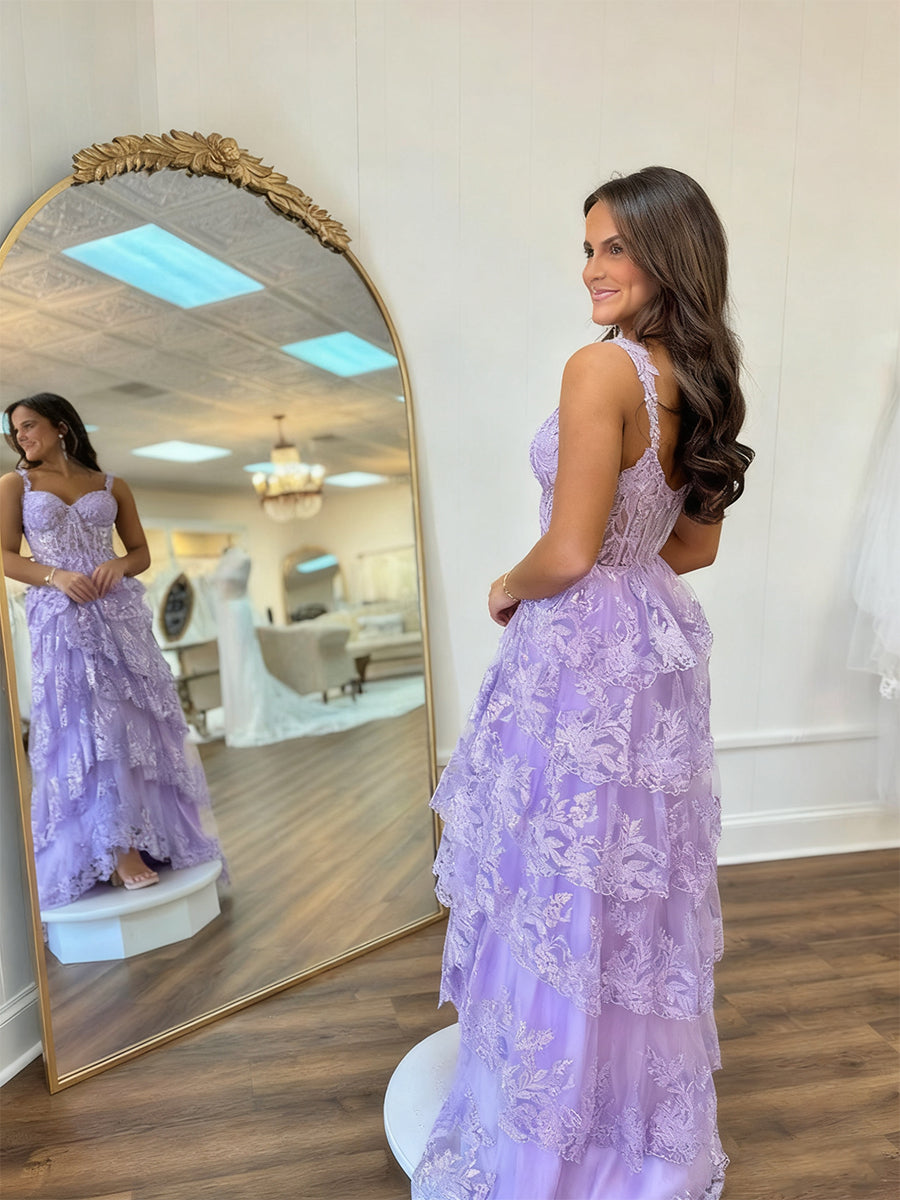 A Line Lilac Tiered Lace Long Prom Dress with Slit