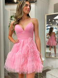A Line Pink Tulle Short Homecoming Dress Spaghetti Straps with Ruffles