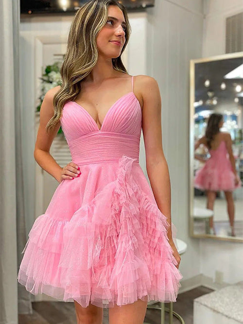A Line Pink Tulle Short Homecoming Dress Spaghetti Straps with Ruffles