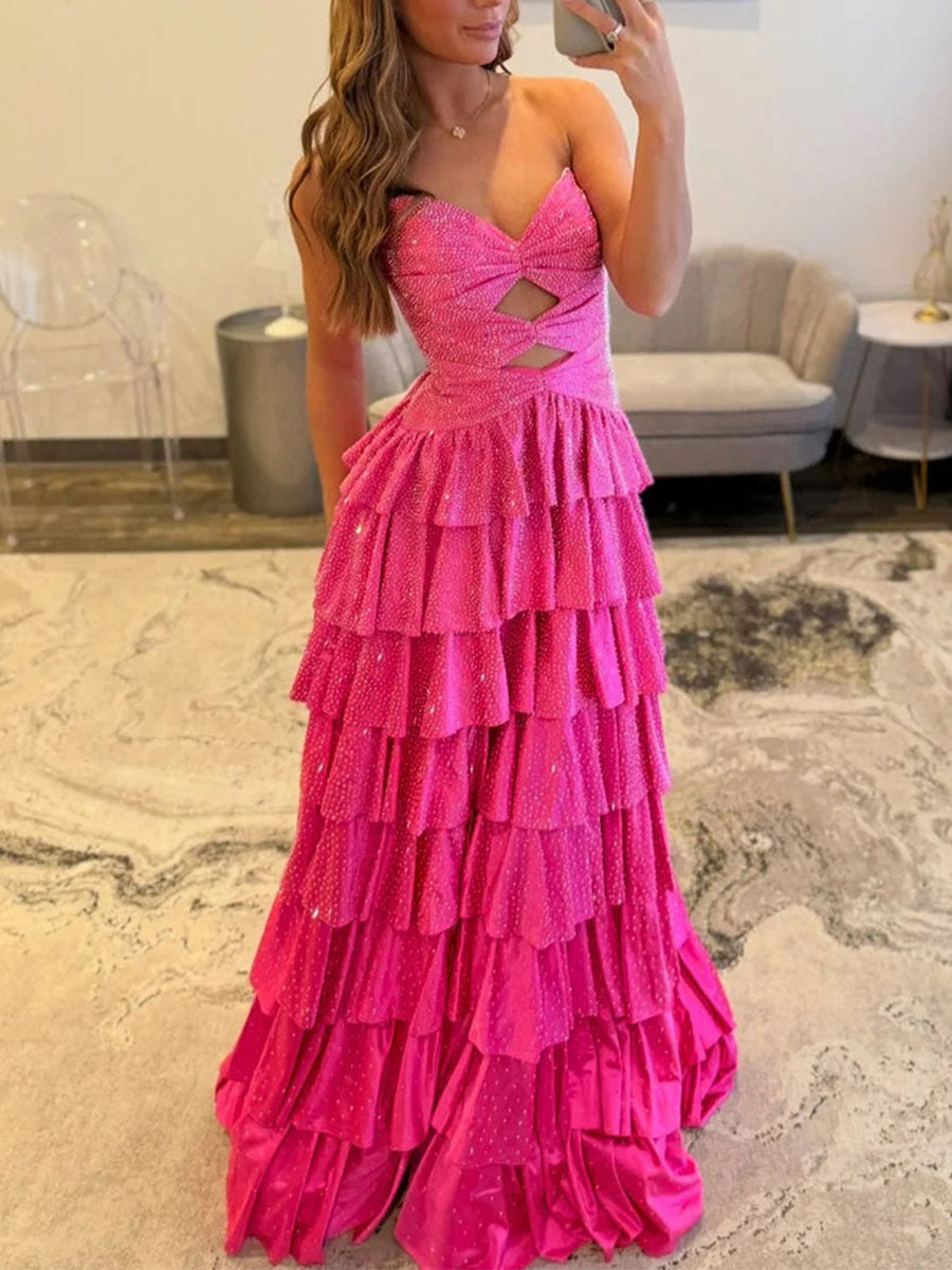 Vestido largo de fiesta de satén línea A sin tirantes con escote corazón y abertura en la espalda