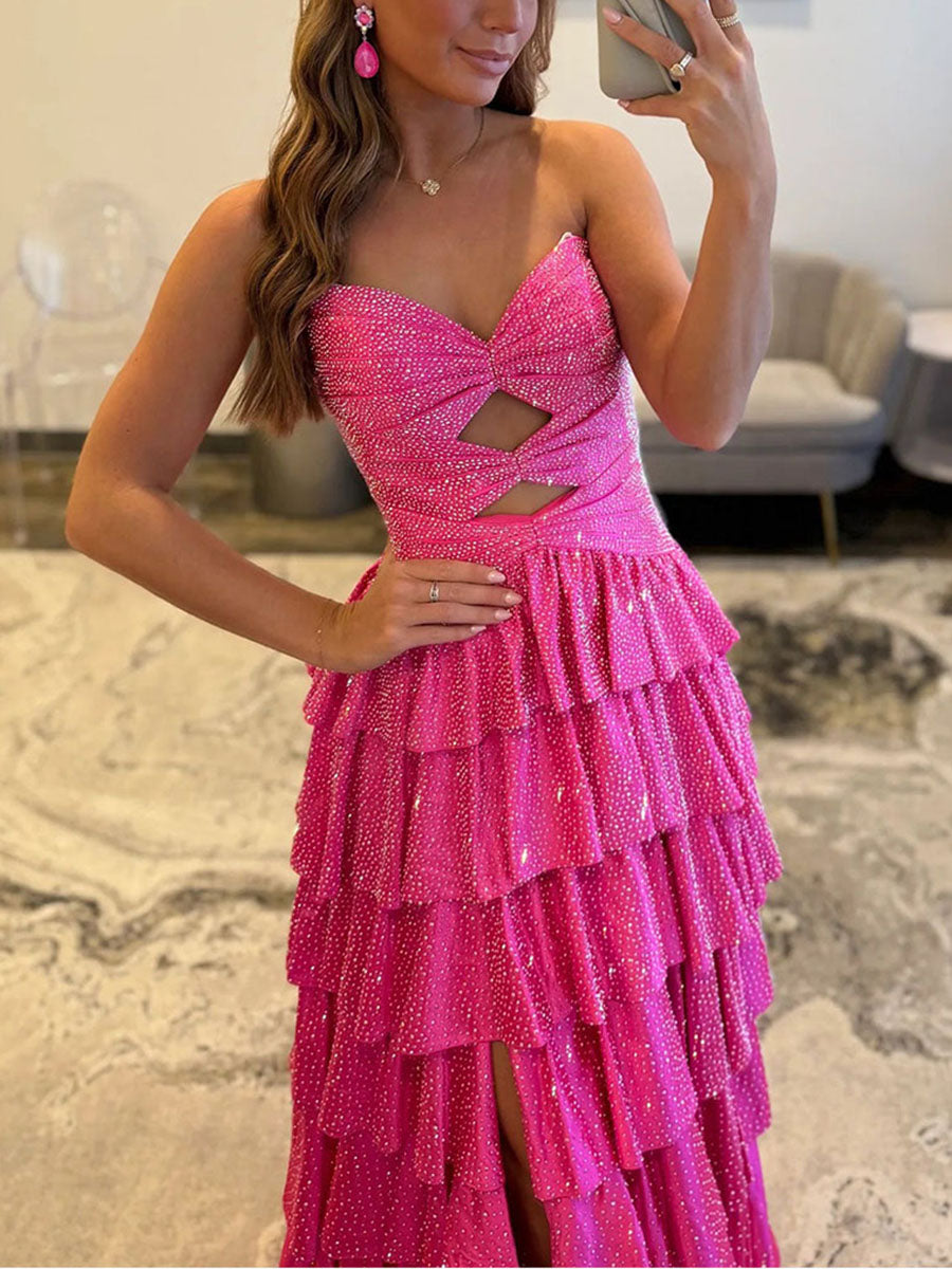 Vestido largo de fiesta de satén línea A sin tirantes con escote corazón y abertura en la espalda