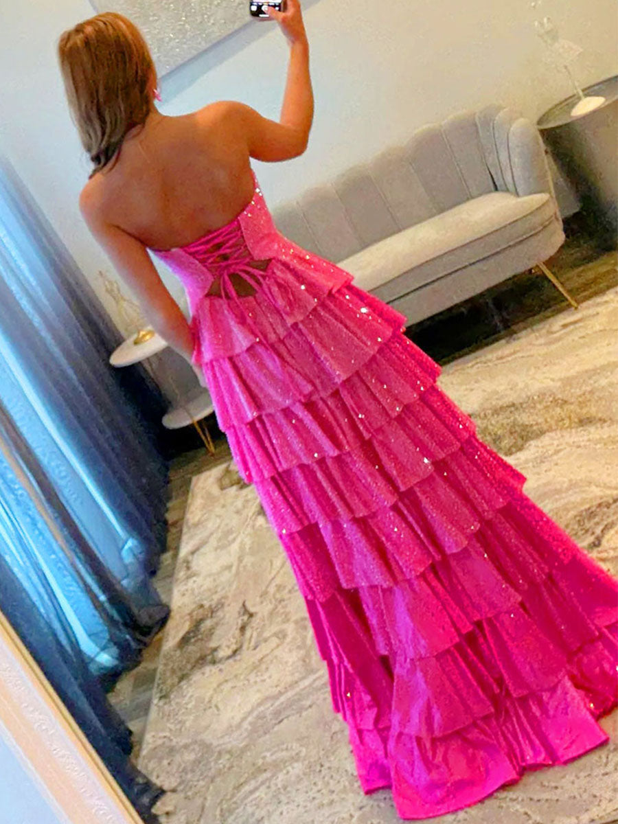 Vestido largo de fiesta de satén línea A sin tirantes con escote corazón y abertura en la espalda